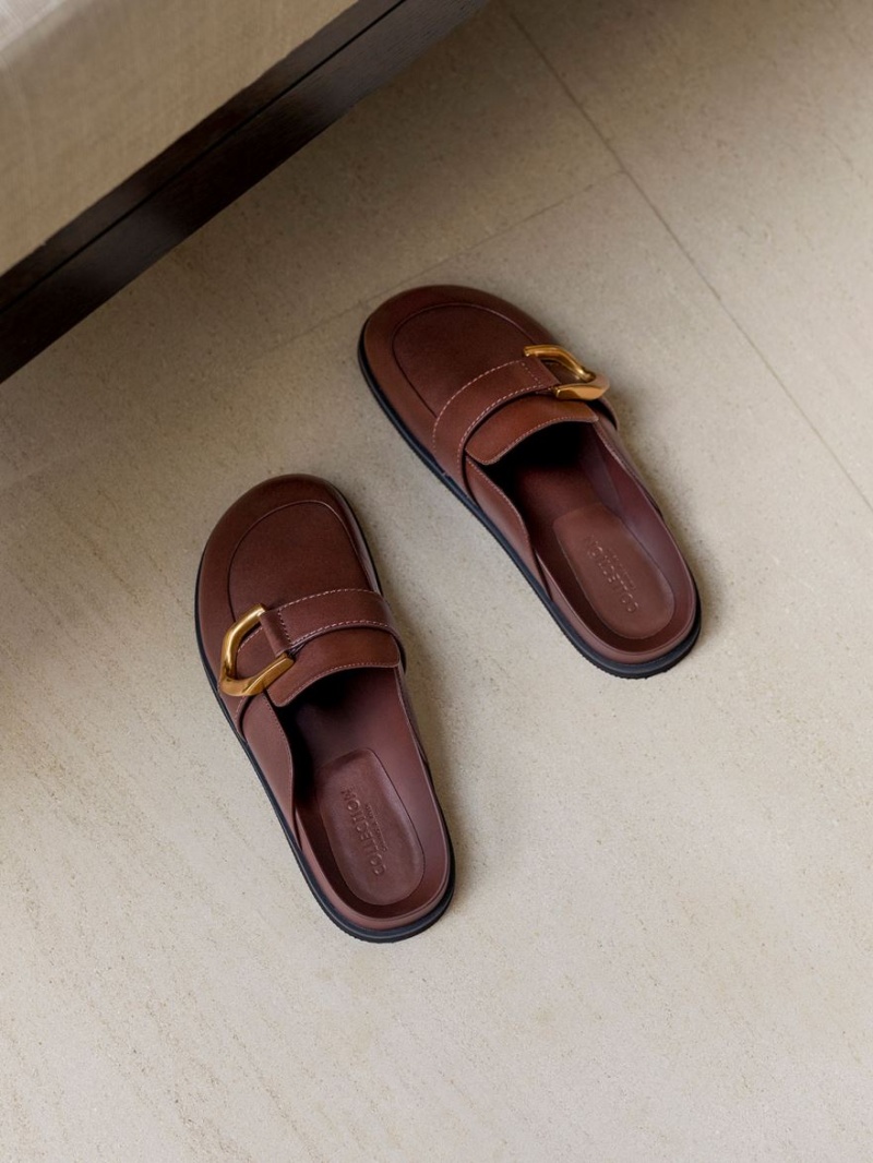 Charles And Keith Gabine Buckled Leather Loafer​ Mules Brown | PHILIPPINES F810