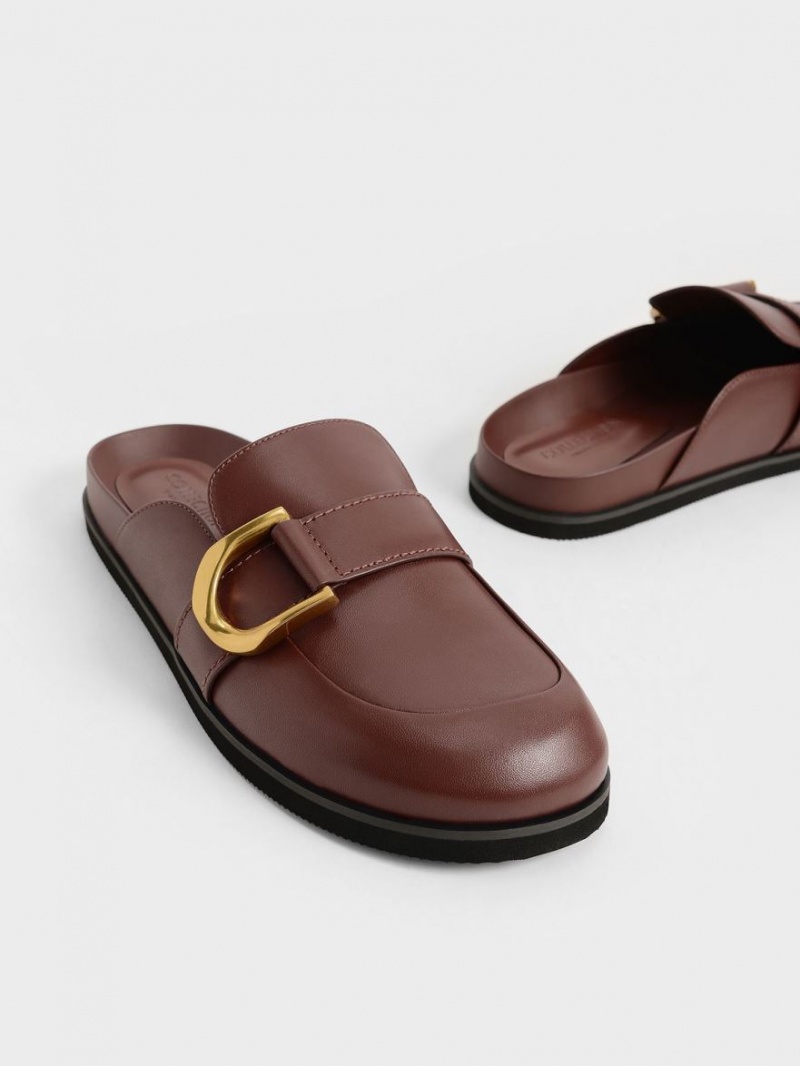 Charles And Keith Gabine Buckled Leather Loafer​ Mules Brown | PHILIPPINES F810