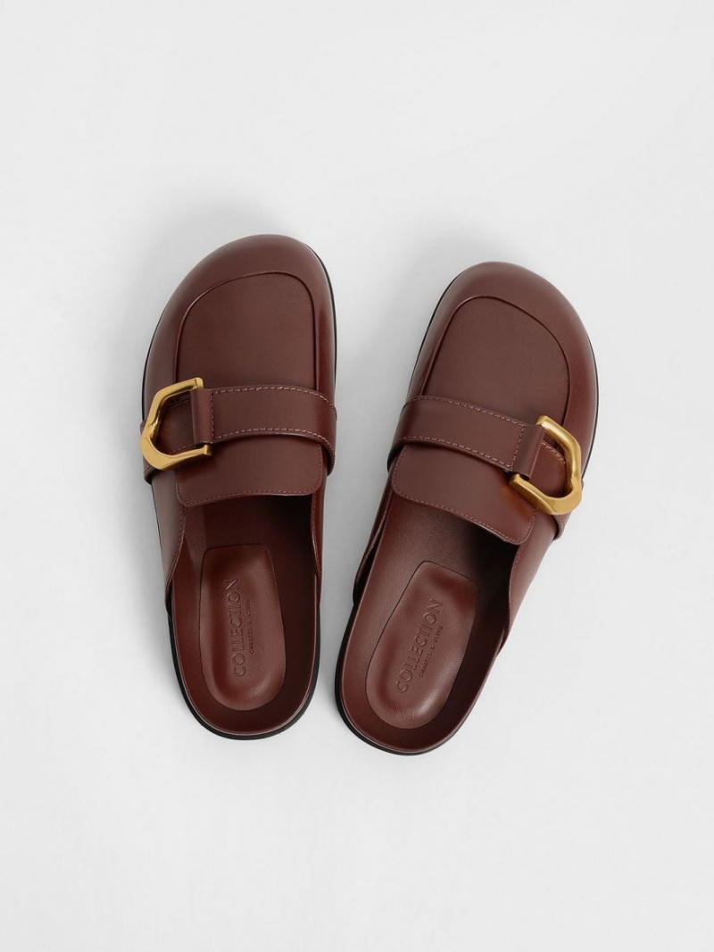 Charles And Keith Gabine Buckled Leather Loafer​ Mules Brown | PHILIPPINES F810