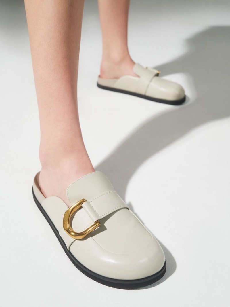 Charles And Keith Gabine Buckled Leather Loafer​ Mules White | PHILIPPINES J514