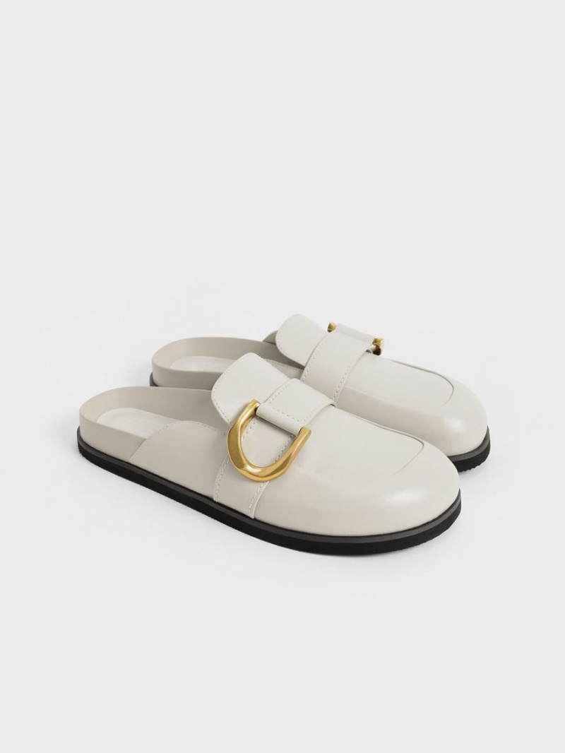 Charles And Keith Gabine Buckled Leather Loafer​ Mules White | PHILIPPINES J514