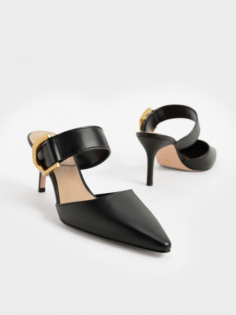 Charles And Keith Gabine Buckled Leather Mule Pumps Black | PHILIPPINES I238