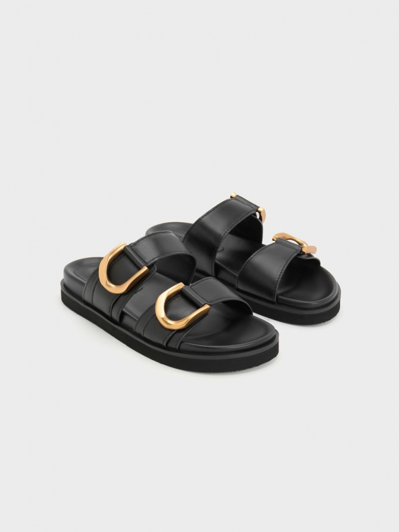 Charles And Keith Gabine Buckled Leather Slides Black | PHILIPPINES U862