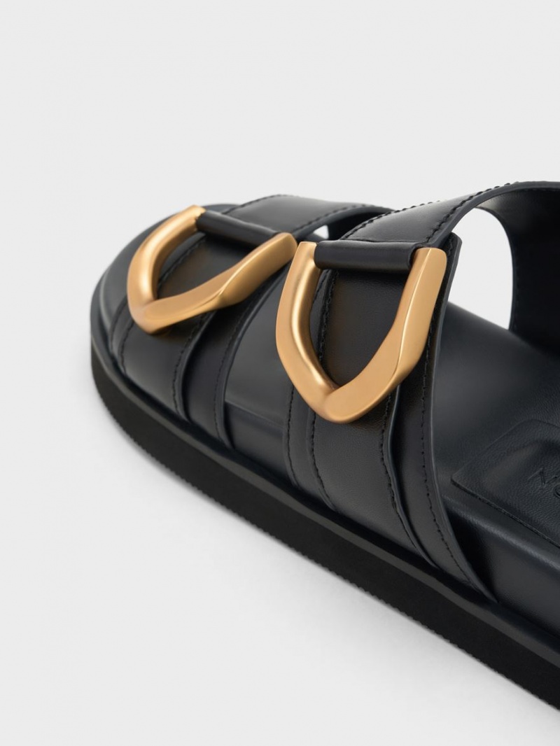 Charles And Keith Gabine Buckled Leather Slides Black | PHILIPPINES U862