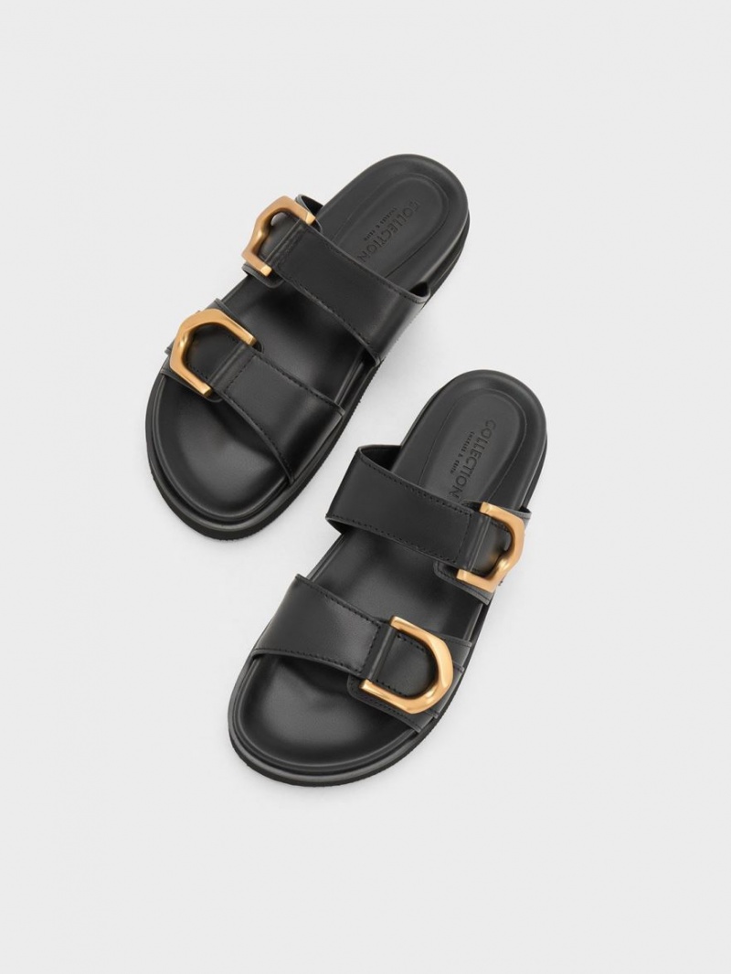 Charles And Keith Gabine Buckled Leather Slides Black | PHILIPPINES U862