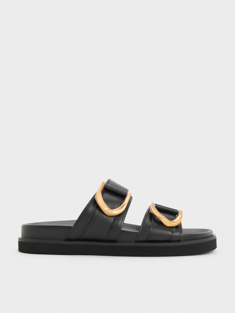 Charles And Keith Gabine Buckled Leather Slides Black | PHILIPPINES U862