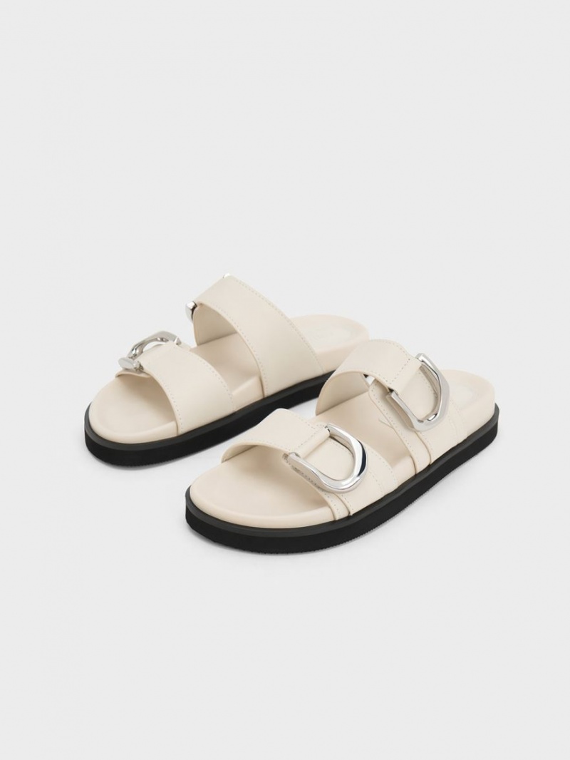 Charles And Keith Gabine Buckled Leather Slides White | PHILIPPINES T246