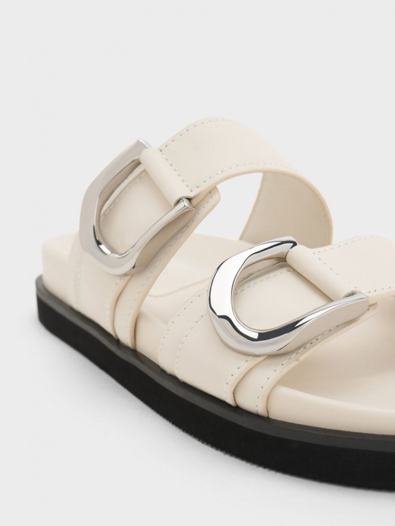 Charles And Keith Gabine Buckled Leather Slides White | PHILIPPINES T246