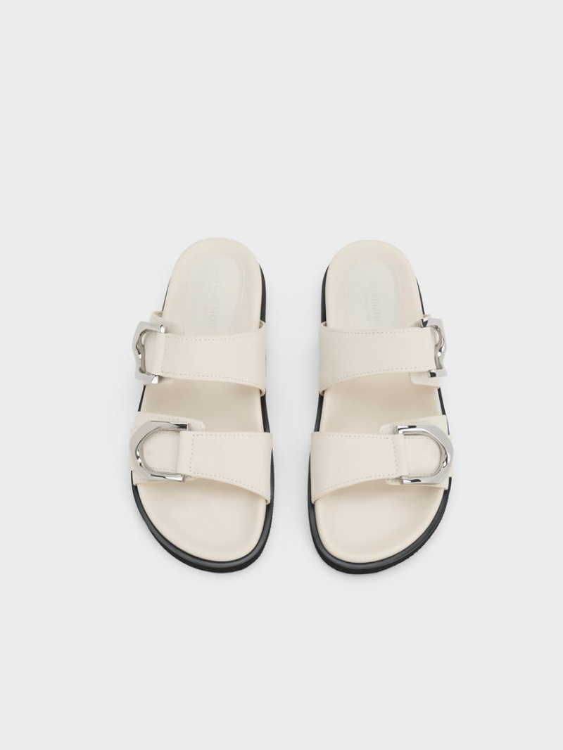 Charles And Keith Gabine Buckled Leather Slides White | PHILIPPINES T246