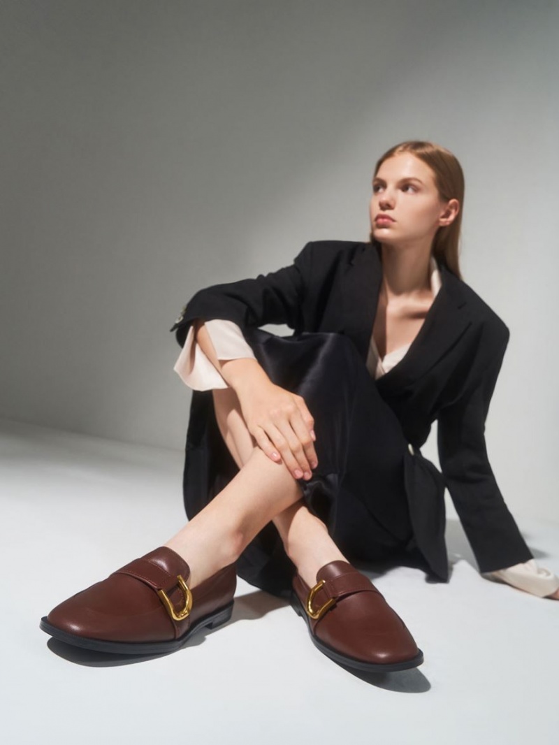 Charles And Keith Gabine Buckled Leather​ Loafers Brown | PHILIPPINES U274