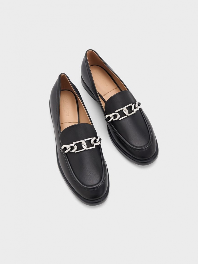 Charles And Keith Gabine Chain-Link Leather Loafers Black | PHILIPPINES N074