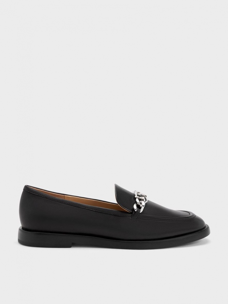 Charles And Keith Gabine Chain-Link Leather Loafers Black | PHILIPPINES N074