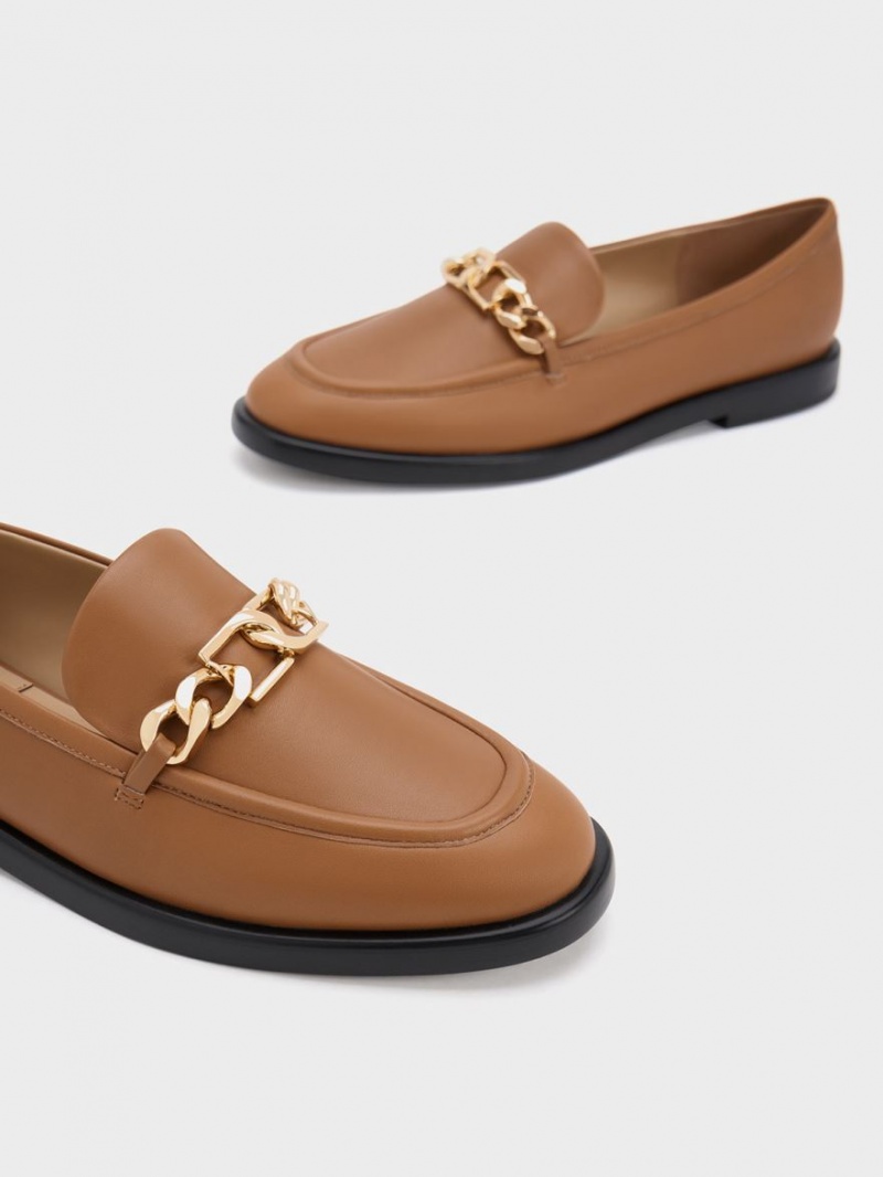 Charles And Keith Gabine Chain-Link Leather Loafers Brown | PHILIPPINES U756