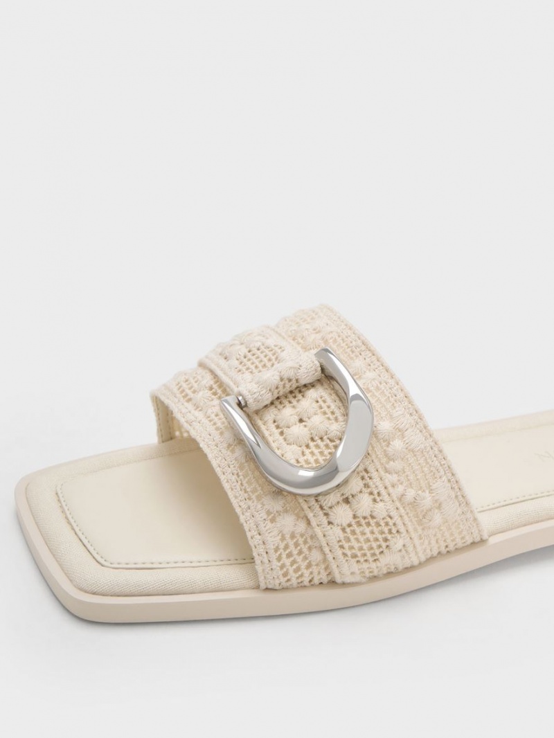 Charles And Keith Gabine Crochet & Mesh Slide Sandals Cream | PHILIPPINES E506