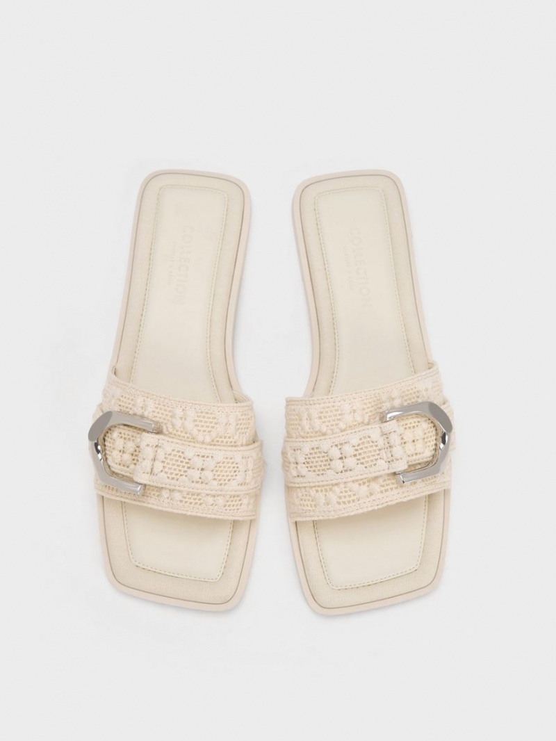 Charles And Keith Gabine Crochet & Mesh Slide Sandals Cream | PHILIPPINES E506