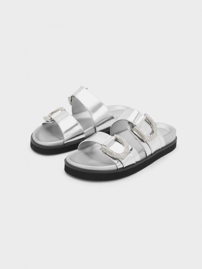 Charles And Keith Gabine Crystal-Embellished Metallic Leather Slides Silver | PHILIPPINES U359