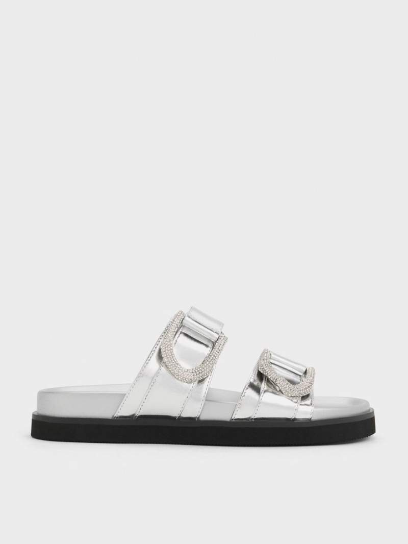 Charles And Keith Gabine Crystal-Embellished Metallic Leather Slides Silver | PHILIPPINES U359