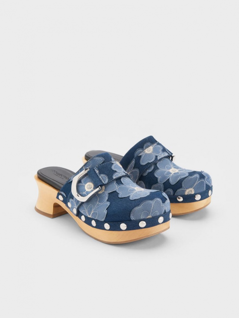 Charles And Keith Gabine Floral Denim Studded Clogs Blue | PHILIPPINES R650