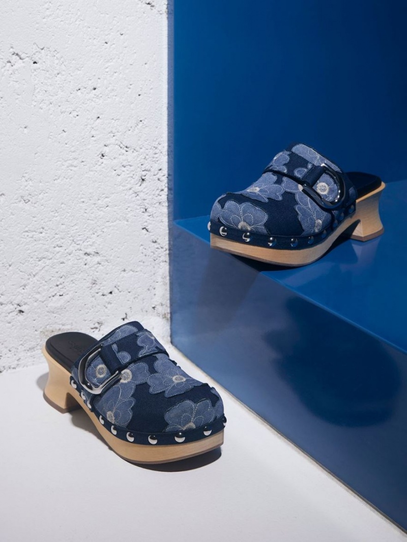 Charles And Keith Gabine Floral Denim Studded Clogs Blue | PHILIPPINES R650