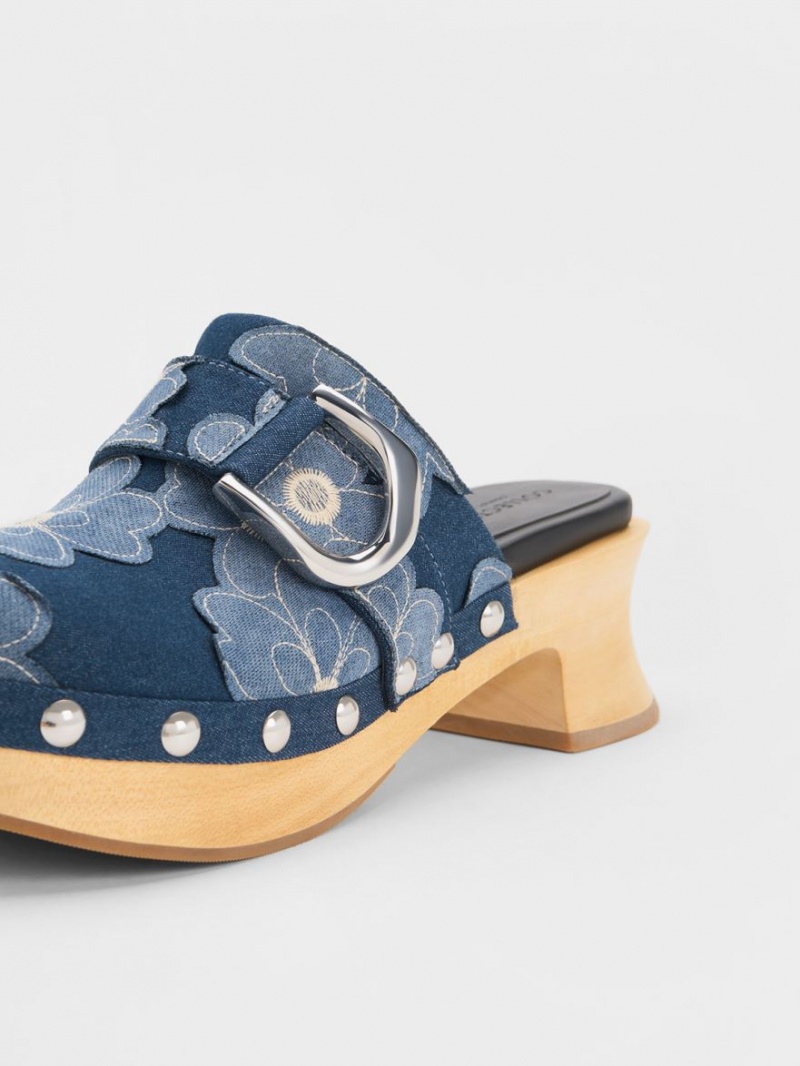 Charles And Keith Gabine Floral Denim Studded Clogs Blue | PHILIPPINES R650