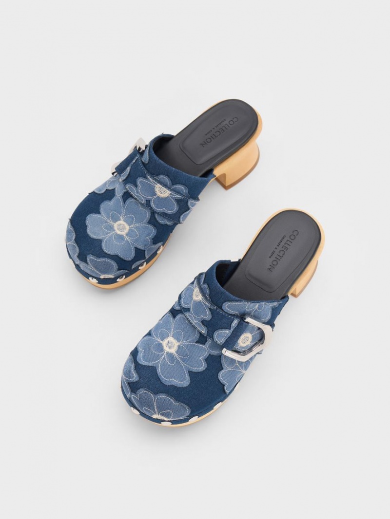 Charles And Keith Gabine Floral Denim Studded Clogs Blue | PHILIPPINES R650