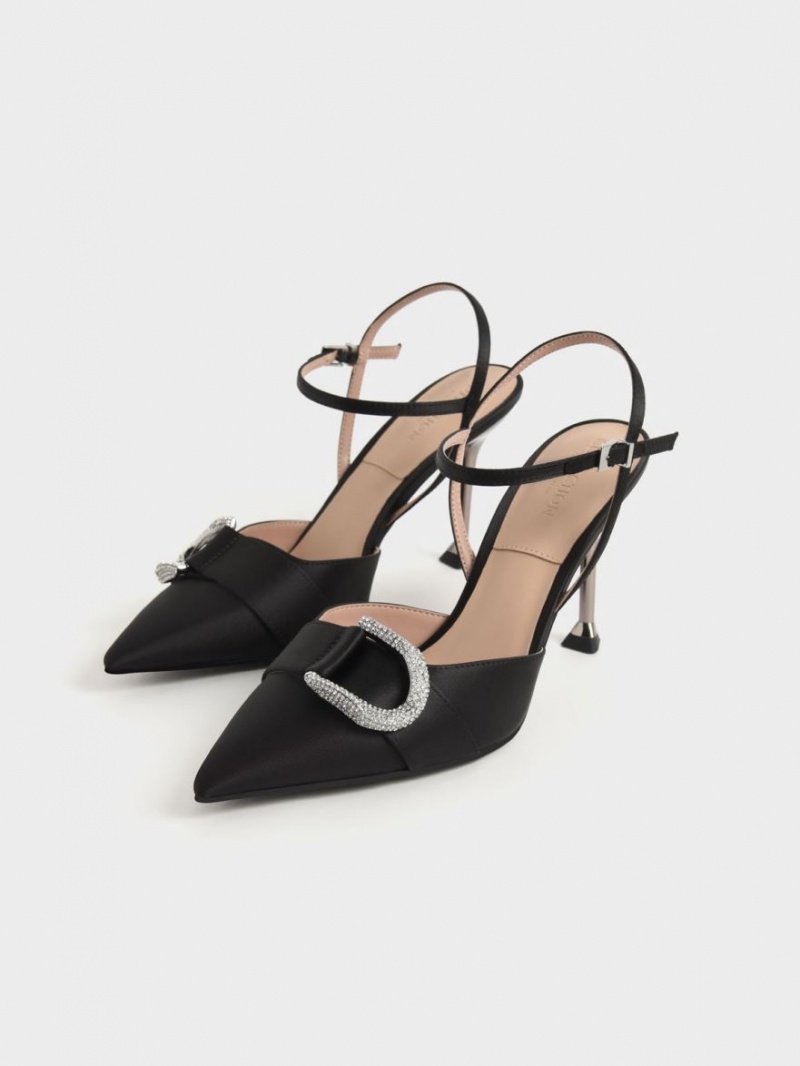 Charles And Keith Gabine Gem-Embellished Back Strap Pumps Black | PHILIPPINES D031