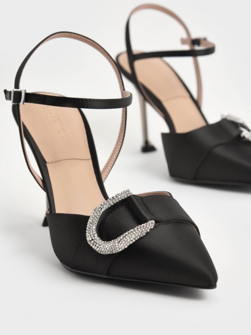 Charles And Keith Gabine Gem-Embellished Back Strap Pumps Black | PHILIPPINES D031