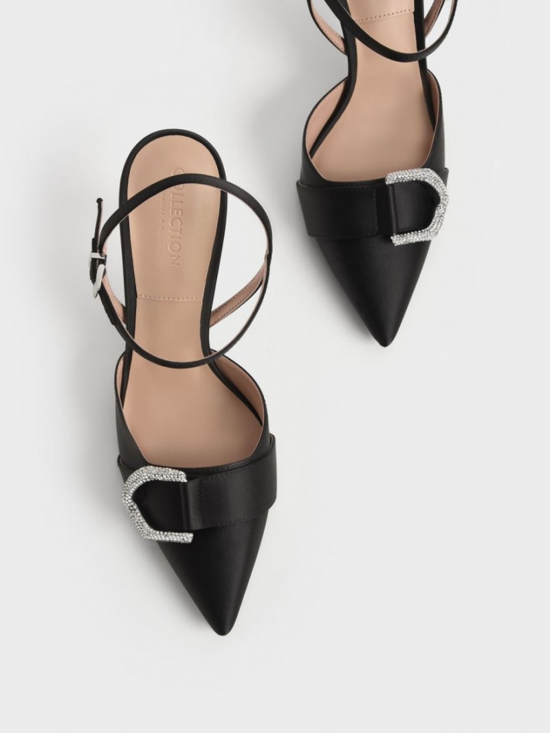 Charles And Keith Gabine Gem-Embellished Back Strap Pumps Black | PHILIPPINES D031