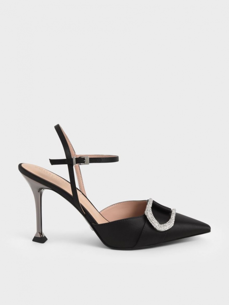 Charles And Keith Gabine Gem-Embellished Back Strap Pumps Black | PHILIPPINES D031