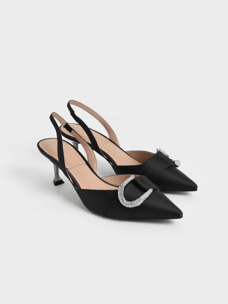 Charles And Keith Gabine Gem-Embellished Slingback Pumps Black | PHILIPPINES H429