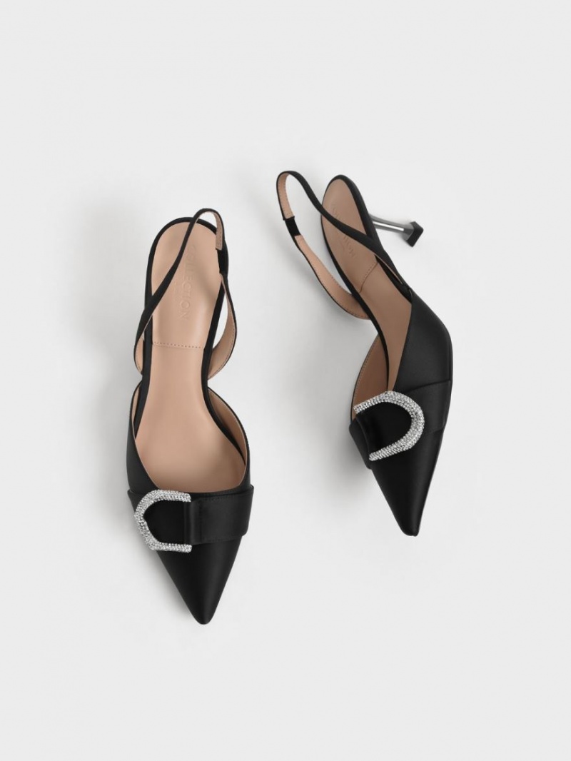 Charles And Keith Gabine Gem-Embellished Slingback Pumps Black | PHILIPPINES H429