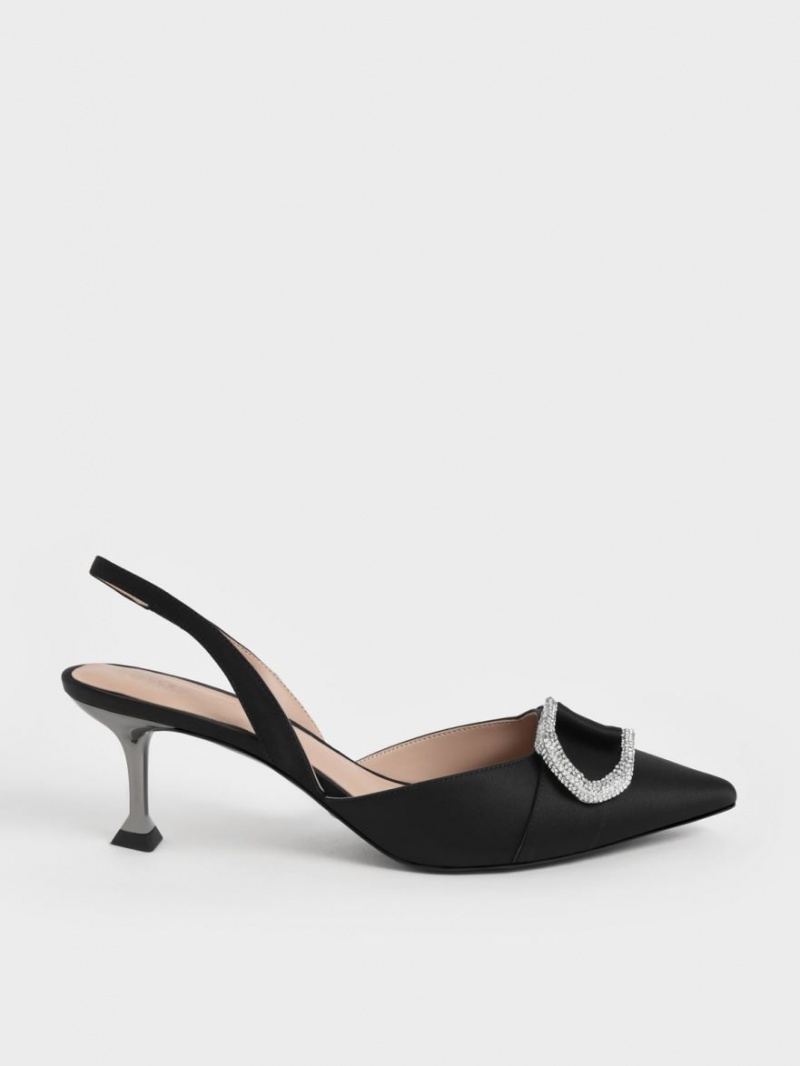 Charles And Keith Gabine Gem-Embellished Slingback Pumps Black | PHILIPPINES H429