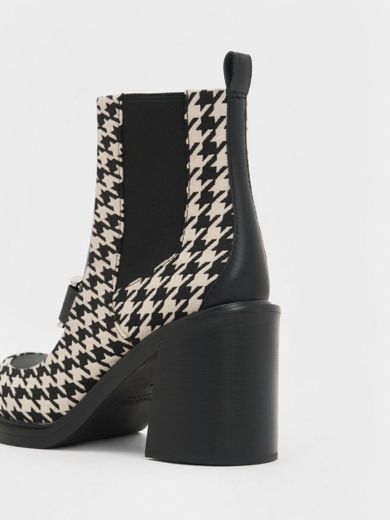 Charles And Keith Gabine Houndstooth Block Heel Ankle Boots Black / White | PHILIPPINES Q246