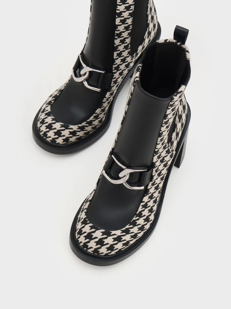 Charles And Keith Gabine Houndstooth Block Heel Ankle Boots Black / White | PHILIPPINES Q246