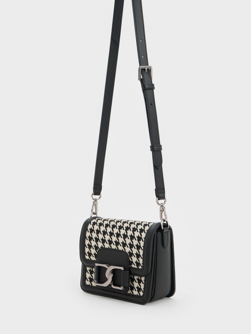 Charles And Keith Gabine Houndstooth Leather Crossbody Bags Black / White | PHILIPPINES M368