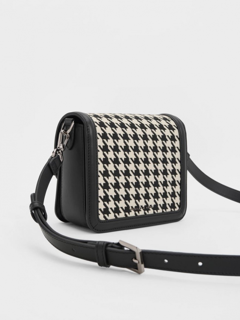 Charles And Keith Gabine Houndstooth Leather Crossbody Bags Black / White | PHILIPPINES M368