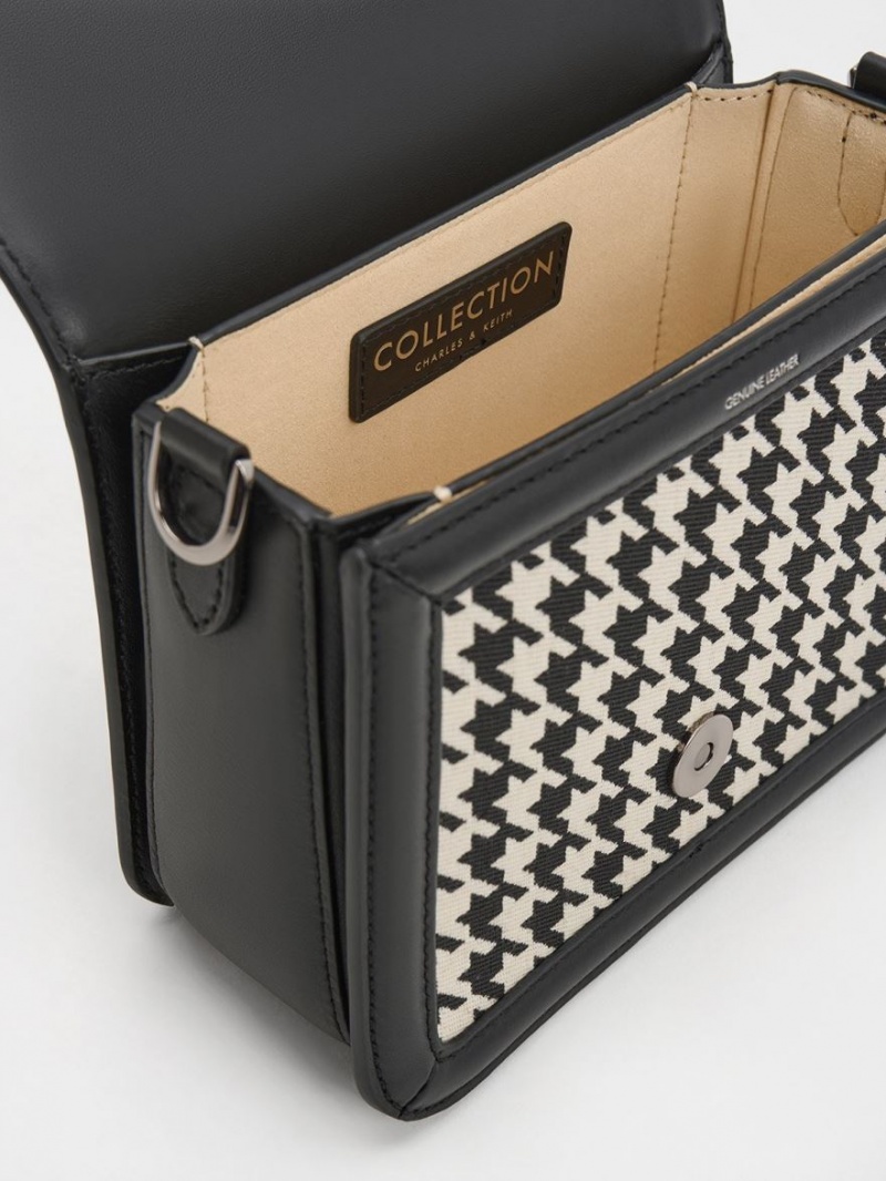 Charles And Keith Gabine Houndstooth Leather Crossbody Bags Black / White | PHILIPPINES M368