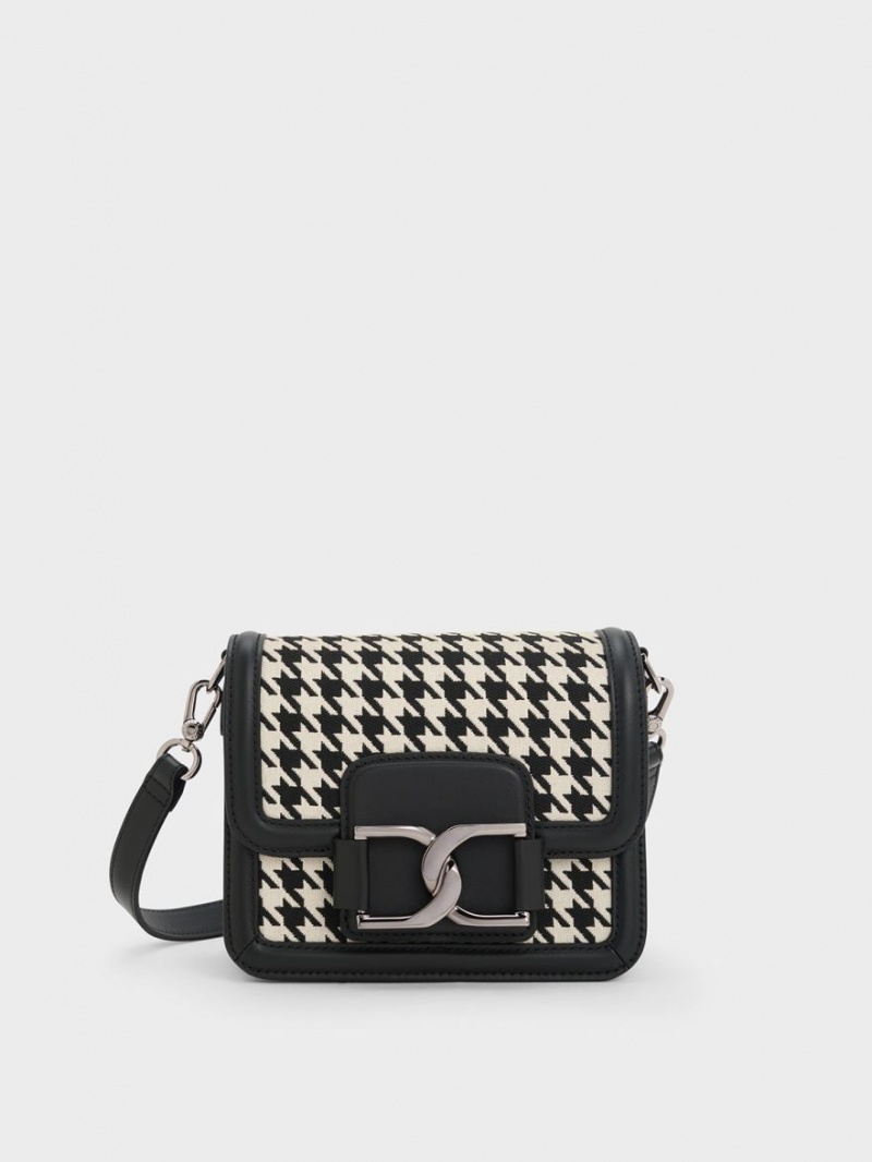 Charles And Keith Gabine Houndstooth Leather Crossbody Bags Black / White | PHILIPPINES M368