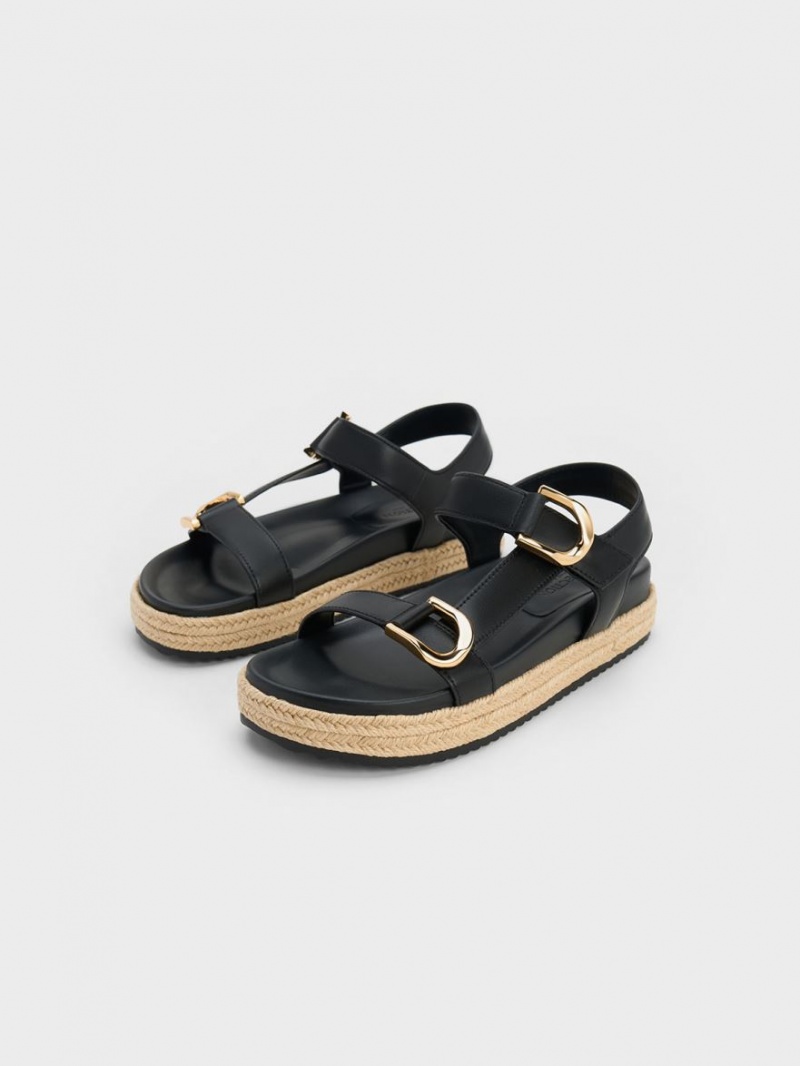 Charles And Keith Gabine Leather Espadrille Platform Sandals Black | PHILIPPINES L267