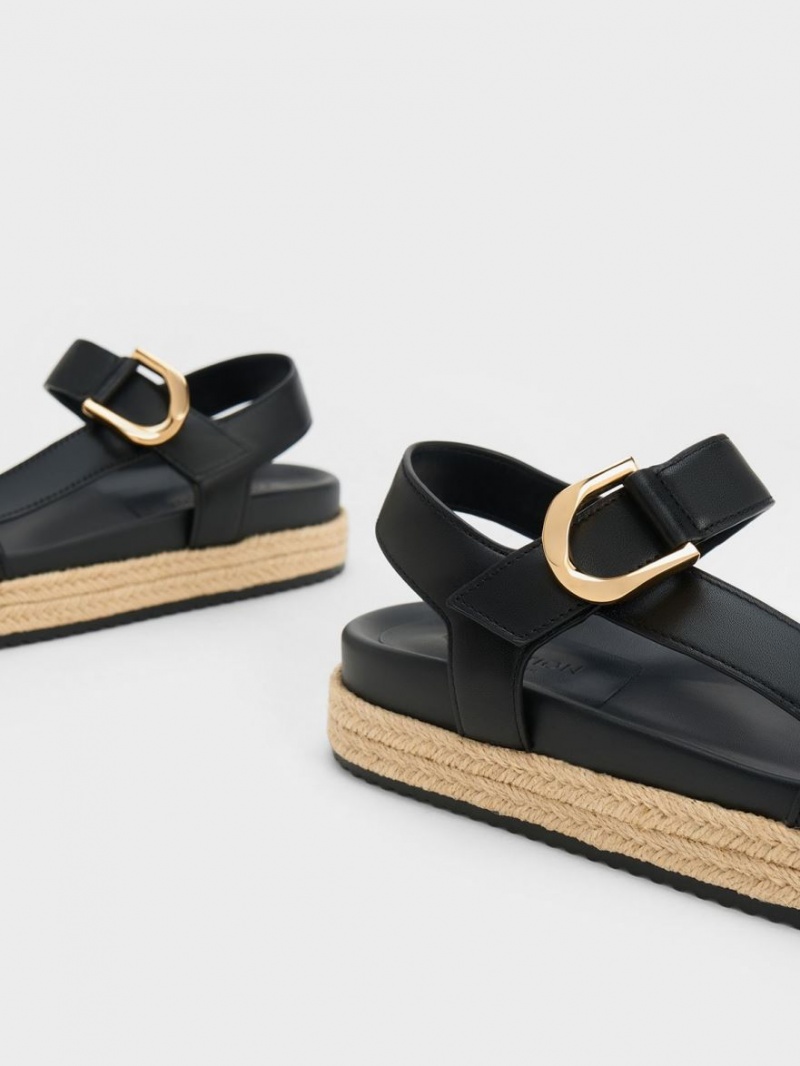 Charles And Keith Gabine Leather Espadrille Platform Sandals Black | PHILIPPINES L267