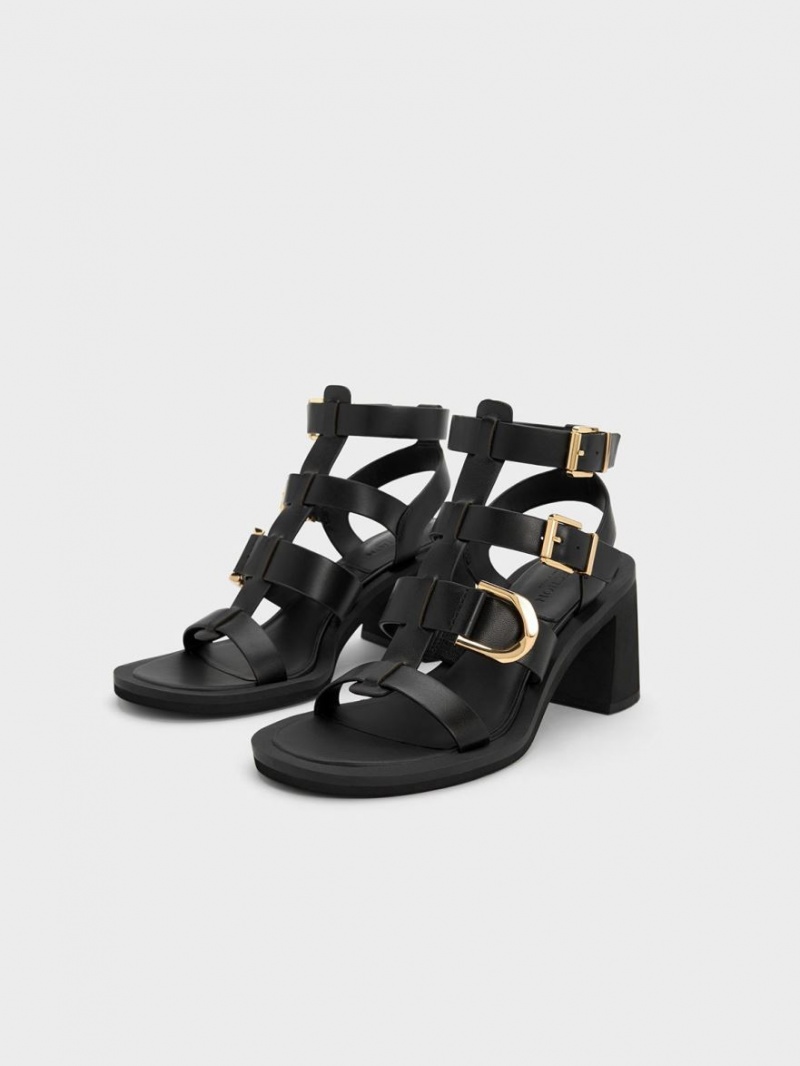 Charles And Keith Gabine Leather Gladiator Heels Sandals Black | PHILIPPINES Q436