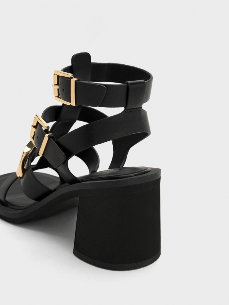 Charles And Keith Gabine Leather Gladiator Heels Sandals Black | PHILIPPINES Q436