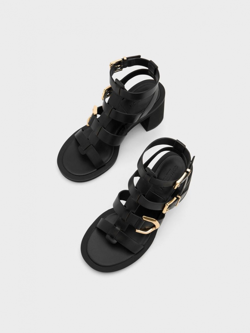 Charles And Keith Gabine Leather Gladiator Heels Sandals Black | PHILIPPINES Q436