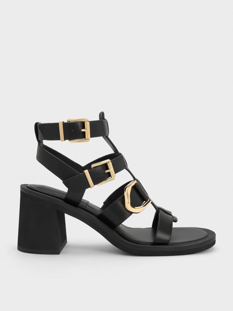 Charles And Keith Gabine Leather Gladiator Heels Sandals Black | PHILIPPINES Q436