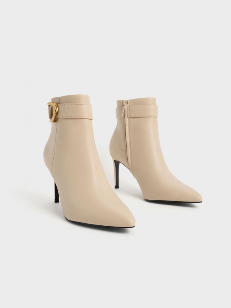 Charles And Keith Gabine Leather Heeled Boots Beige | PHILIPPINES M257