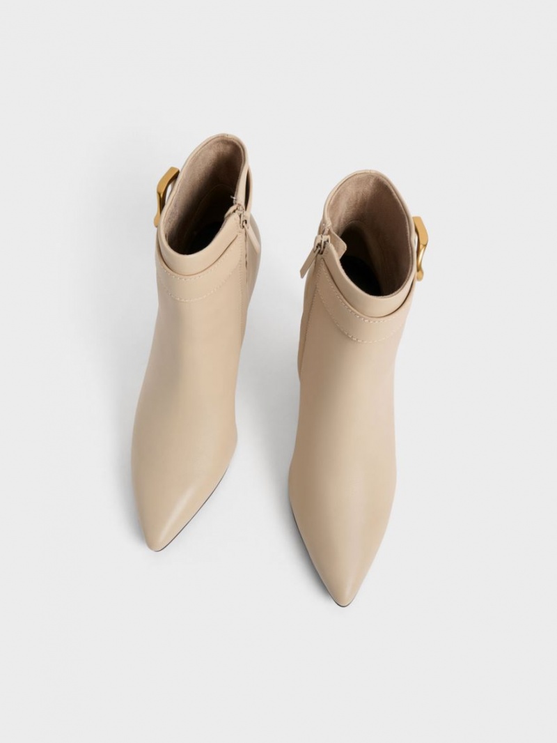 Charles And Keith Gabine Leather Heeled Boots Beige | PHILIPPINES M257