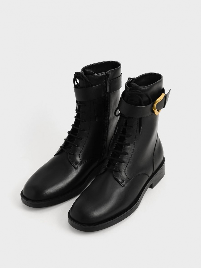 Charles And Keith Gabine Leather Lace-Up Ankle Boots Black | PHILIPPINES O271