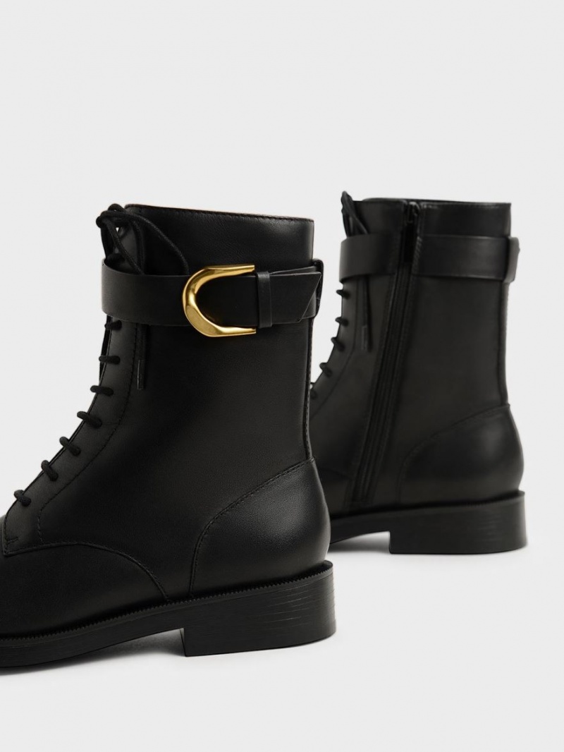 Charles And Keith Gabine Leather Lace-Up Ankle Boots Black | PHILIPPINES O271