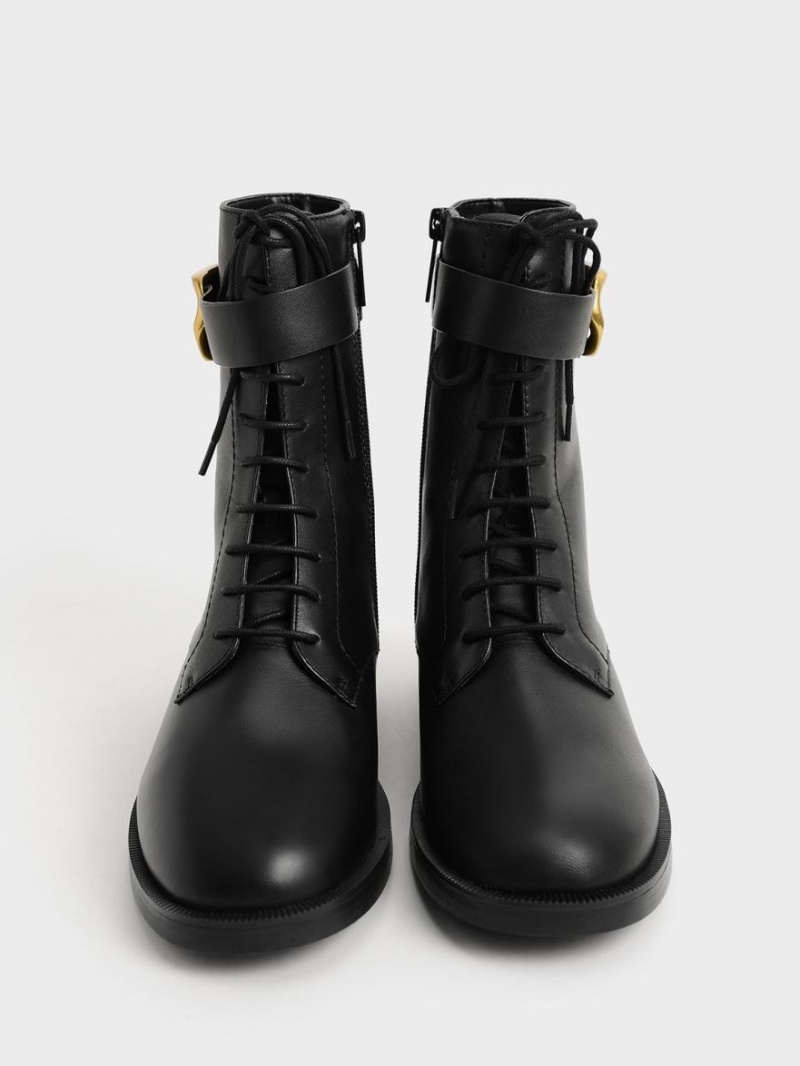 Charles And Keith Gabine Leather Lace-Up Ankle Boots Black | PHILIPPINES O271