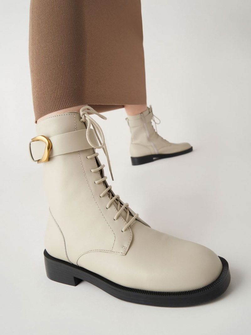 Charles And Keith Gabine Leather Lace-Up Ankle Boots White | PHILIPPINES B590